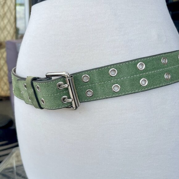 Y2K Vintage Green Suede Leather Grommet Buckle Belt S - Picture 3 of 5